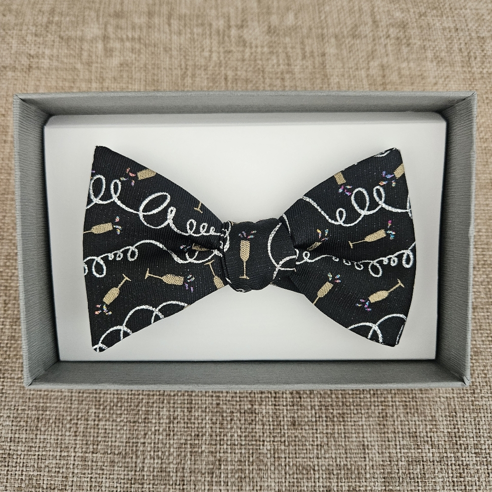 Jos A. Bank Black Pre-Tied Bow Tie with Champagne & Confetti NWT